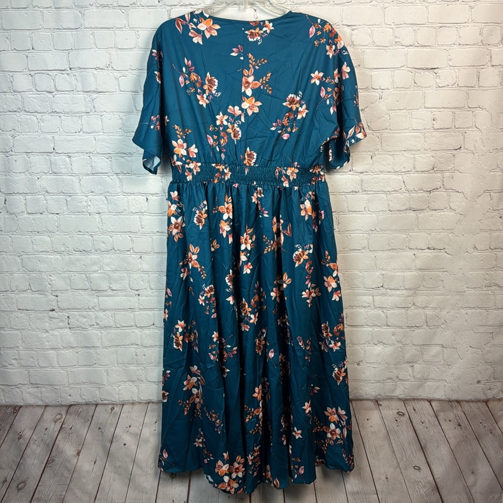 BloomChic Teal Floral V Neck Flutter Sleeve Pocket Dress Plus Size 2X - Picture 6 of 6